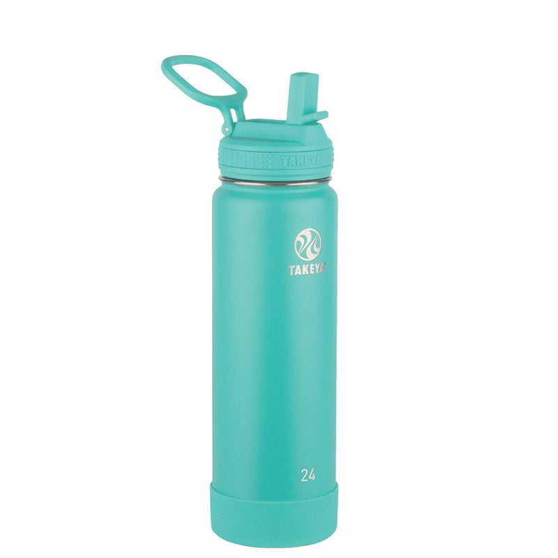 Takeya Actives 24 oz Water Bottle with Straw Lid - Double Wall Stainless Steel Insulation - Dishwasher Safe & BPA-Free - Removable Bumper - Teal - Image 1